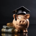 Piggy bank, Happy, smiling piggy, high school graduation cap on a pig\'s head, around a coin and bank notes 3, generative AI