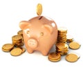 Piggy bank and heap of coins