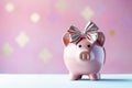 A piggy bank with holiday accessoires on a pastel background with copyspace