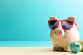 A piggy bank with holiday accessoires on a pastel background with copyspace