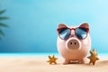 A piggy bank with holiday accessoires on a pastel background with copyspace