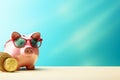 A piggy bank with holiday accessoires on a pastel background with copyspace