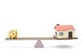 Piggy bank and house on the seesaw.3D illustration