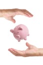 Piggy bank hovering air between two hands Royalty Free Stock Photo