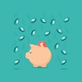 Piggy bank icon with falling coins vector illustration on a turquoise teal background. Saving, investment in future or save money Royalty Free Stock Photo
