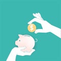 Piggy bank icon with falling coins vector illustration on a turquoise teal background. Saving, investment in future or save money Royalty Free Stock Photo