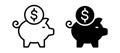 Piggy bank icon. Piggybank with falling coins. Baby pig piggy bank. Pig silhouette.