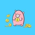 Piggy bank icon. A saving or investment plan concept idea with cute pink pig holding dollar coin currency Financial illustration