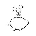 Piggy bank icon vector. Simple design on white background.with hand drawn doodle cartoon style vector Royalty Free Stock Photo