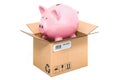 Piggy bank inside cardboard box, delivery concept. 3D rendering Royalty Free Stock Photo