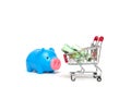 Piggy bank and korean money and shopping cart on white background : economy concept Royalty Free Stock Photo