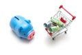 Piggy bank and korean money and shopping cart on white background : economy concept Royalty Free Stock Photo