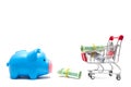 Piggy bank and korean money and shopping cart on white background : economy concept Royalty Free Stock Photo