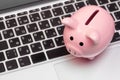 Piggy bank on laptop. close up. creative photo.