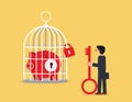 Piggy Bank in large birdcage. businessman holding a key looking at a piggy bank in a cage Royalty Free Stock Photo