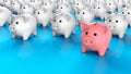 Piggy bank leader. A crowd of white piggy banks and one pink piggy bank. Special piggy bank. 3d render Royalty Free Stock Photo