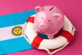 Piggy bank, lifebuoy and flag on a colored background, the concept of saving the Argentine economy Royalty Free Stock Photo