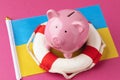 Piggy bank, lifebuoy and flag on a colored background, the concept of saving the Ukrainian economy Royalty Free Stock Photo