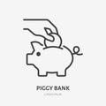 Piggy bank line icon, vector pictogram of hand putting coin into toy piggybank. Save money concept, economy illustration