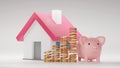 Piggy bank and model house with stack of coin, Saving money for house concept, 3D render Royalty Free Stock Photo