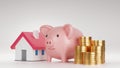 Piggy bank and model house with stack of coin, Saving money for house concept, 3D render Royalty Free Stock Photo