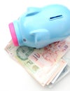 Piggy bank money box with money top view isolate