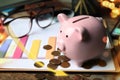 Piggy bank, money and chart. Coronavirus impact on global financial crisis Royalty Free Stock Photo