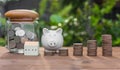 Piggy bank,money coins and house model on wood table with nature background ,saving and investment concept Royalty Free Stock Photo