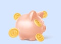 Piggy bank with Money creative business concept. Realistic 3d design. Pink pig keeps gold coins. vector Royalty Free Stock Photo