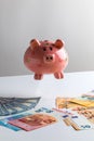 Piggy bank and money. Dollar euros Swiss francs Royalty Free Stock Photo