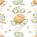 Piggy bank. Money. Dollars signs, gold coins. Money pattern. Falling money isolated Royalty Free Stock Photo