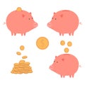 Piggy bank with money and empty, dollar and stack of coins Royalty Free Stock Photo