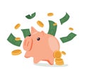 Piggy bank with Money flat cartoon creative business concept. Investments, safe keeps gold coins. Keep and accumulate Royalty Free Stock Photo