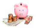 Piggy Bank with Money and Gold Watch Royalty Free Stock Photo