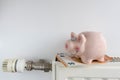 Piggy bank and money on heating radiator Royalty Free Stock Photo