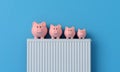 Piggy bank money saving box with a radiator. household heating cost concept. 3D Rendering