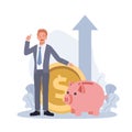 Piggy bank money savings concept. Businessman showing thumb up gesture near big golden coin and piggy bank. Arrow up rise. Vector Royalty Free Stock Photo