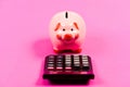 Piggy bank money savings. Investing gain profit. Pay taxes. Calculate taxes. Piggy bank pig and calculator. Taxes and Royalty Free Stock Photo