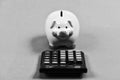 Piggy bank money savings. Investing gain profit. Pay taxes. Calculate taxes. Piggy bank pig and calculator. Taxes and Royalty Free Stock Photo