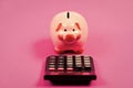 Piggy bank money savings. Investing gain profit. Pay taxes. Calculate taxes. Piggy bank pig and calculator. Taxes and Royalty Free Stock Photo