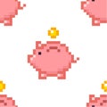 Piggy bank money seamless pattern, tile pixel art cartoon retro game style