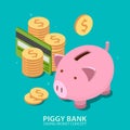 Piggy bank and money tower with credit card.