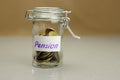 Piggy Bank, moneybox with coins, inscription Pension Royalty Free Stock Photo