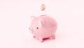 Piggy bank and one euro coin. Funds and budgeting of economy. Investment income, real estate banking. Pink pig bank on pink