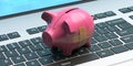 Piggy bank with a patch on laptop background. Banking financial crisis. 3d illustration
