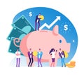 Piggy bank and people. Deposit money bank, wealth and cash accumulator financial vector concept