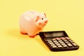 Piggy bank pig and calculator. Taxes and charges may vary. Accounting business. Taxes and fees concept. Tax savings Royalty Free Stock Photo