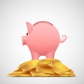 Piggy bank pig on the heap gold coins. Save money.