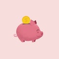 Piggy bank. Pig money box with coin isolated on pink background. Money saving or donation concept. Vector illustration. Royalty Free Stock Photo