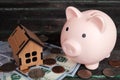 piggy bank a pig stands on dollar bills next to a toy house